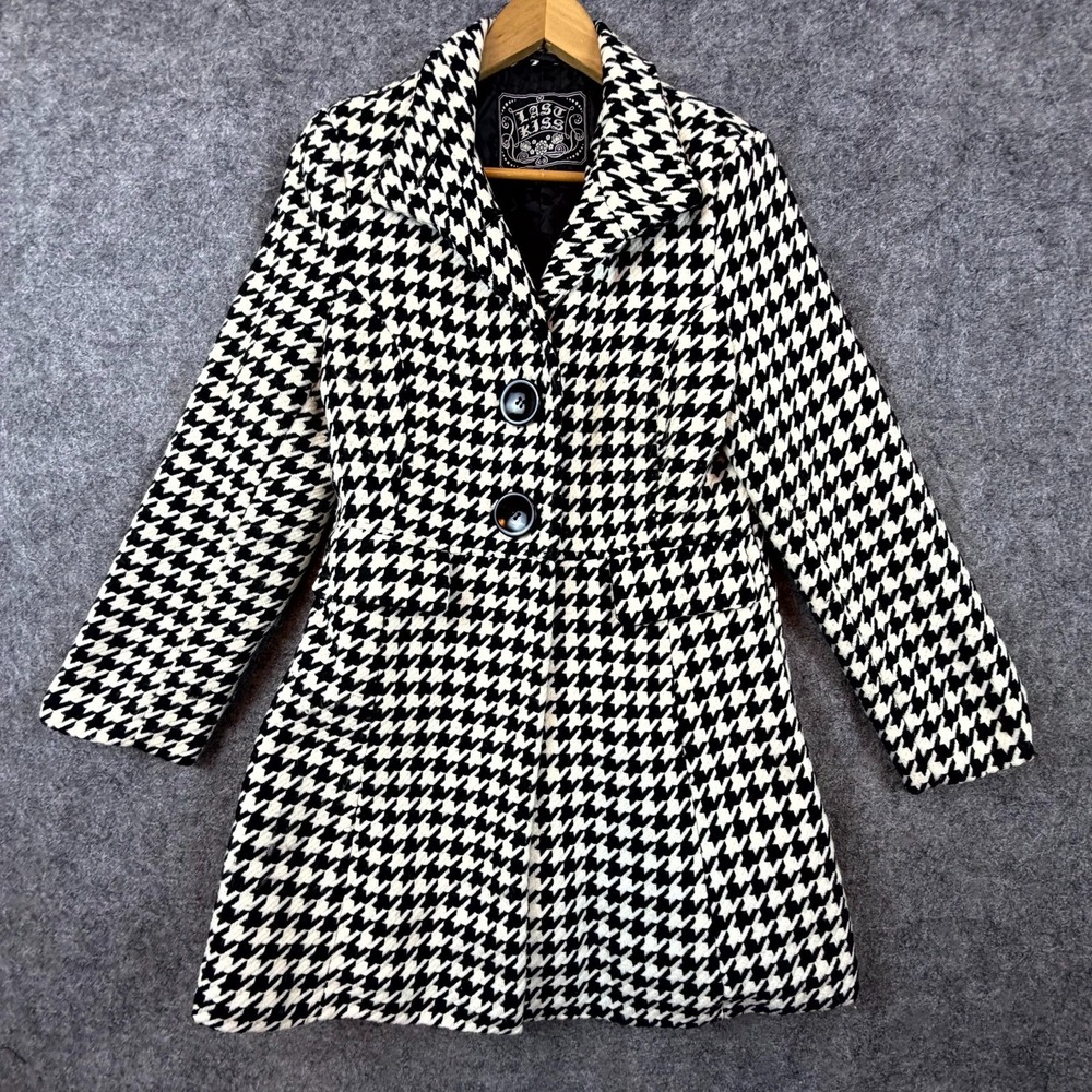 Last Kiss Pea Coat Womens Medium Black White‎ Houndstooth Acrylic Button Front